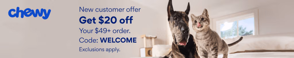 Get $20 off your first order at Chewy.